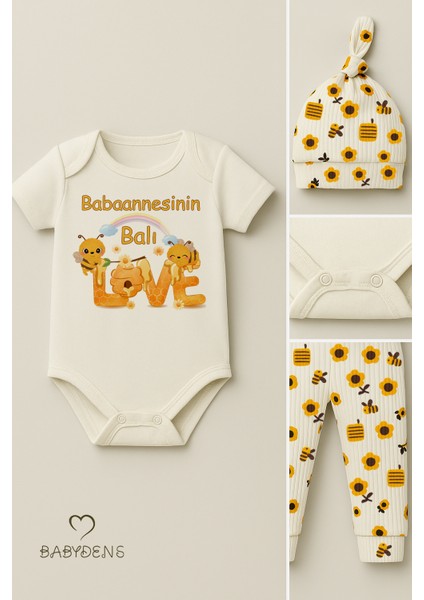3’lü Yenidoğan Takım“babaannesinin Balı”baskı Kısa Kol Body Arı Çiçek Desenli Ribana Pantolon Bere fırsatları