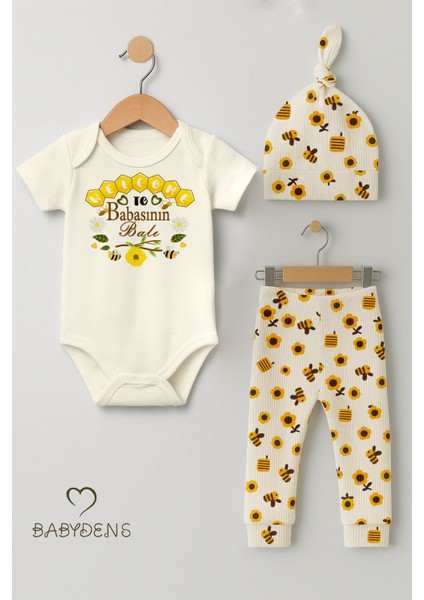 3’lü Yenidoğan Takım “babasının Balı” Baskılı Kısa Kol Body Arı,çiçek Desenli Ribana Pantolon Bere fiyatları