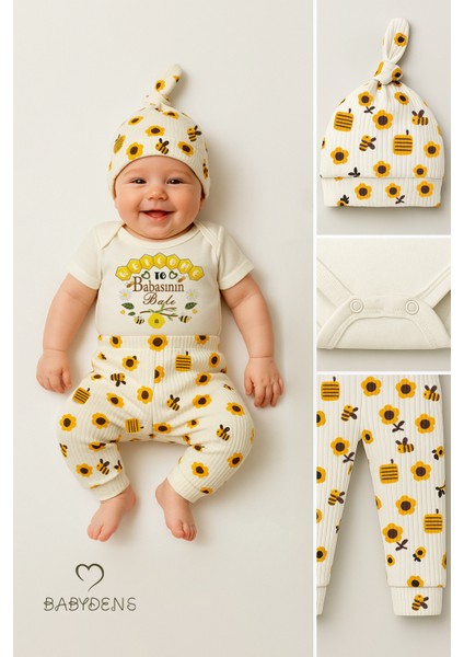 3’lü Yenidoğan Takım “babasının Balı” Baskılı Kısa Kol Body Arı,çiçek Desenli Ribana Pantolon Bere fırsatları