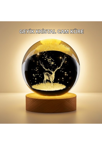 3D Lazer Işlemeli Geyik Kristal Küre Sıcak Işıklı Gece Aydınlatması