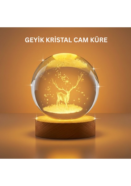3D Geyik Desenli Kristal Küre USB Işıklı Ahşap Tabanlı Oda Lambası