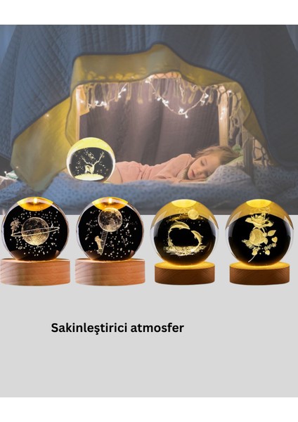 3D Geyik Desenli Kristal Küre USB Işıklı Ahşap Tabanlı Oda Lambası fırsatları