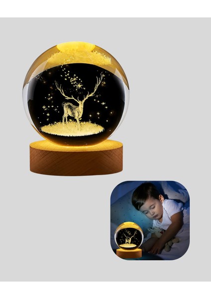 3D Geyik Desenli Kristal Küre USB Işıklı Ahşap Tabanlı Oda Lambası indirimleri