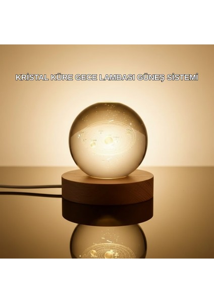 Kristal Gezegen Küre Ahşap Tabanlı USB Işıklı Gece Lambası