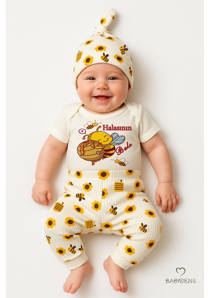3’lü Yenidoğan Takım “halasının Balı” Baskılı Kısa Kol Body Arı Çiçek Desenli Ribana Pantolon Bere