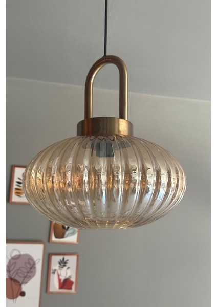 Şık Cam Bal Rengi Avize, Eskitme Detaylı Sarkıt Lamba, Restoran ve Salon Aydınlatması