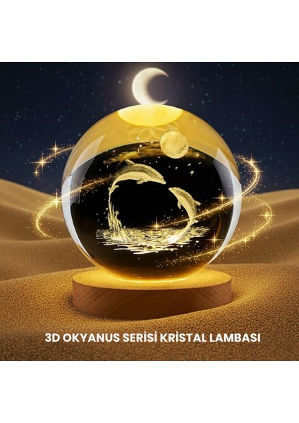 Yunus Temalı Kristal Küre USB Işıklı Ahşap Altlıklı Gece Lambası