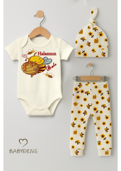3’lü Yenidoğan Takım “halasının Balı” Baskılı Kısa Kol Body Arı Çiçek Desenli Ribana Pantolon Bere fiyatları