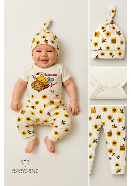 3’lü Yenidoğan Takım “halasının Balı” Baskılı Kısa Kol Body Arı Çiçek Desenli Ribana Pantolon Bere fırsatları