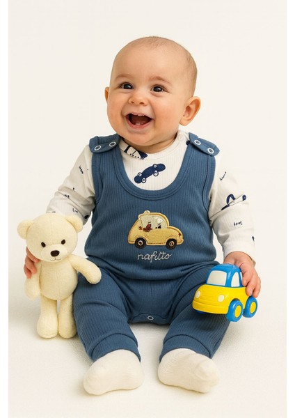 Erkek Bebek Arabalı 2 Li Salopet Takım Çıtçıtlı Yenidoğan Kıyafeti Çorap Hediyeli