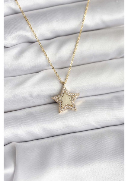 Pirinç Gold Renk Zincirli Yıldızlı Model Kadın Kolye - TJ-BKO10751