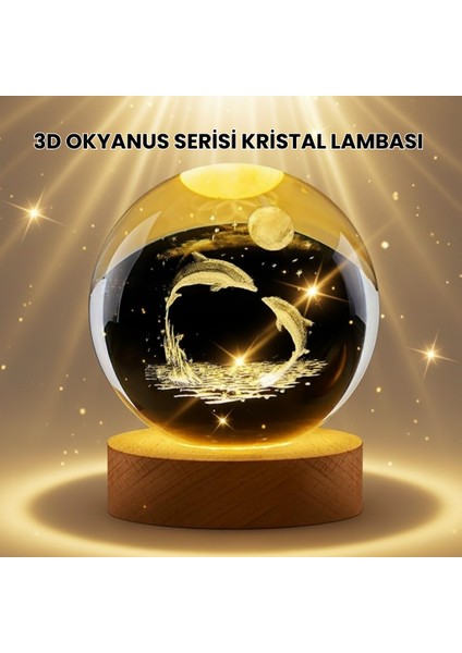 Lazer Işlemeli Yunus Kristal Küre Sıcak Işıklı Ahşap Standlı