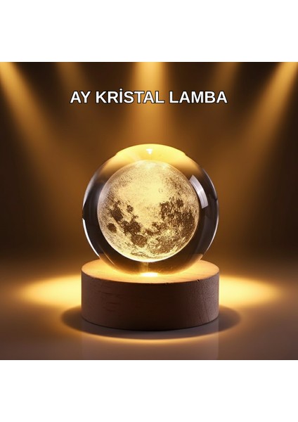 USB Işıklı Ay Kristal Küre 3D Oyma Tasarım Ahşap Standlı Gece Lambası