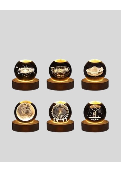 USB Işıklı Ay Kristal Küre 3D Oyma Tasarım Ahşap Standlı Gece Lambası modelleri