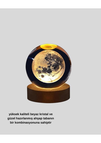 USB Işıklı Ay Kristal Küre 3D Oyma Tasarım Ahşap Standlı Gece Lambası indirimleri