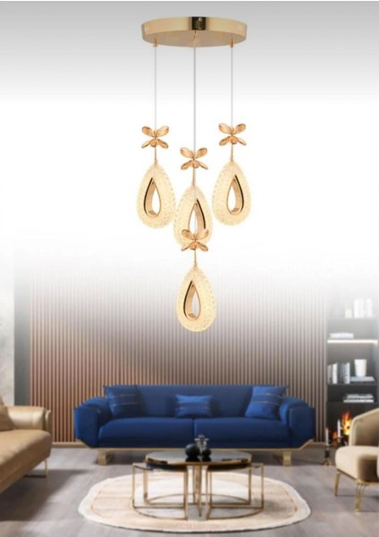 4'lü Gold Renkli Kristal Taşlı Modern LED Avize Seti