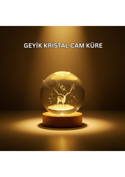 USB Bağlantılı Geyik Temalı Kristal Küre Premium Masa Gece Lambası