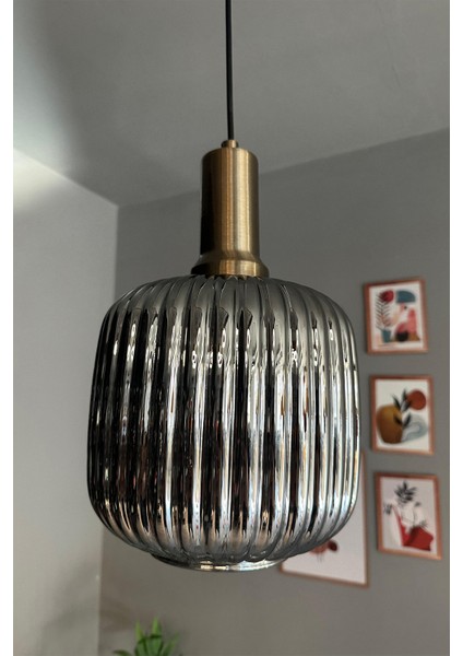 Şık Cam Füme Sarkıt Avize, Gold Detaylı, Retro Tasarım, Restoran ve Salon Aydınlatması