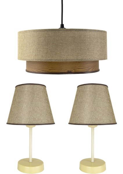 Şık Lina Üçlü Avize ve Abajur Seti, Kum Beji ve Ahşap Desen