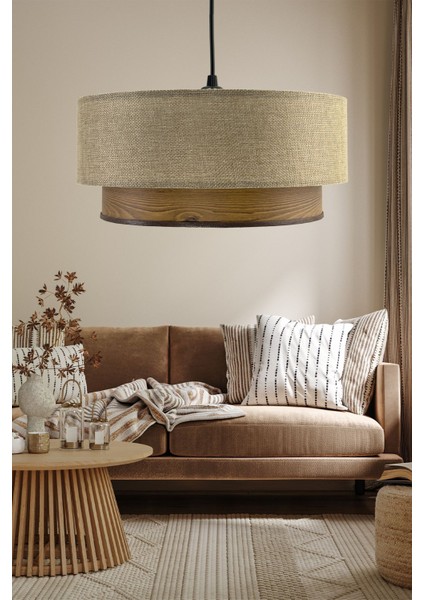 Şık Lina Üçlü Avize ve Abajur Seti, Kum Beji ve Ahşap Desen fiyatları
