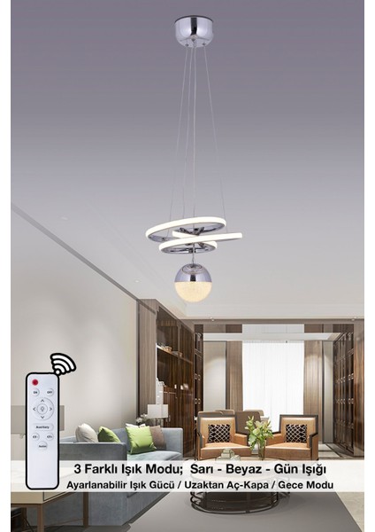 Şık 3 Renkli Kumandalı Gümüş LED Kristal Avize