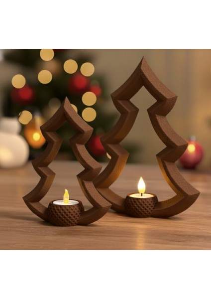 Yılbaşı Ağacı Tealight Mum Tutucu (2'li Set) | 18 cm ve 14 cm | LED Mum Hediyeli | 3D Baskı Dekor