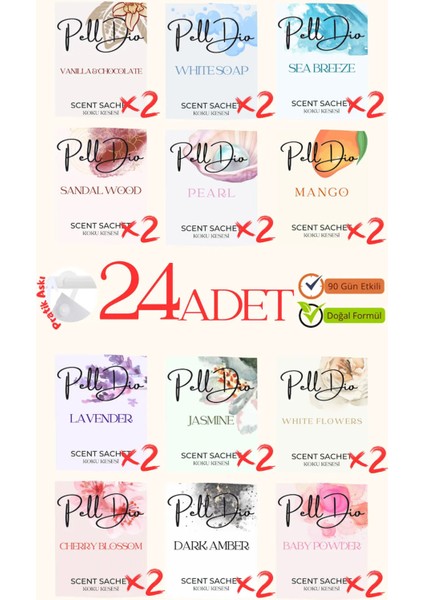 24'lu Karışık Ayakkabılık Dolap ve Çekmece Parfümlü Kese Kokusu Oda Koku Kesesi