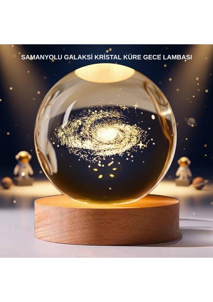 Samanyolu Desenli Kristal Küre Ahşap Standlı Gün Işığı LED Masa Lambası