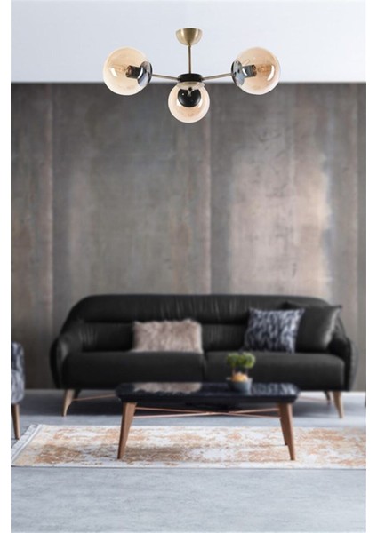 Modern Üçlü Cam Avize, Gold ve Siyah Detaylar, Şık ve Parlak Tasarım