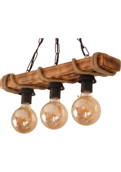 Rustik 3'lü Ahşap Avize, Nigrum Halatlı, Şık ve Modern Aydınlatma