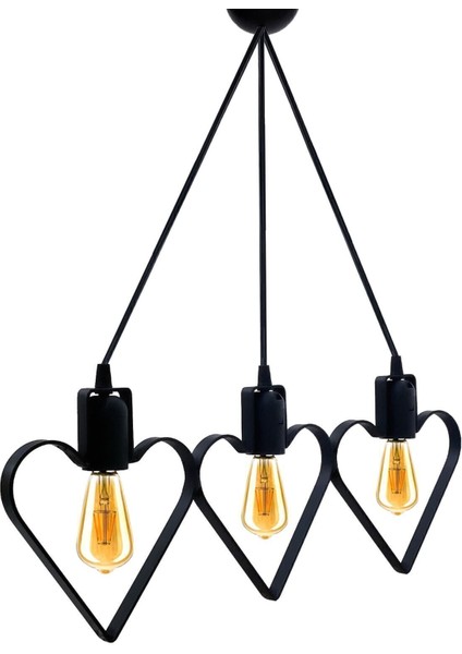 Şık 3'lü Kalp Sarkıt Avize, Siyah Metal Ferforje, Rustik Yatak Odası Tavan Lambası