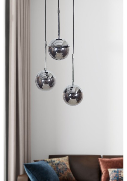 Modern 3 Lü Krom-Siyah Metal ve Füme Camlı Şık Sarkıt Avize