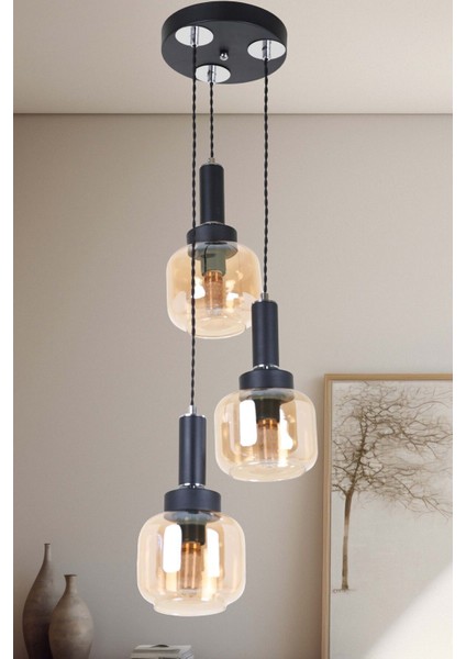 Modern Siyah Krom Bal Camlı 3'lü Sarkıt Avize Elegant Tasarım