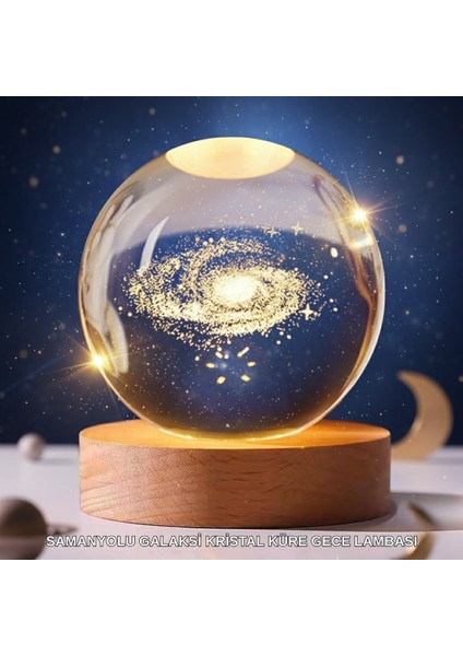 3D Lazer Işlemeli Galaksi Küre USB LED Ahşap Standlı Oda Gece Lambası