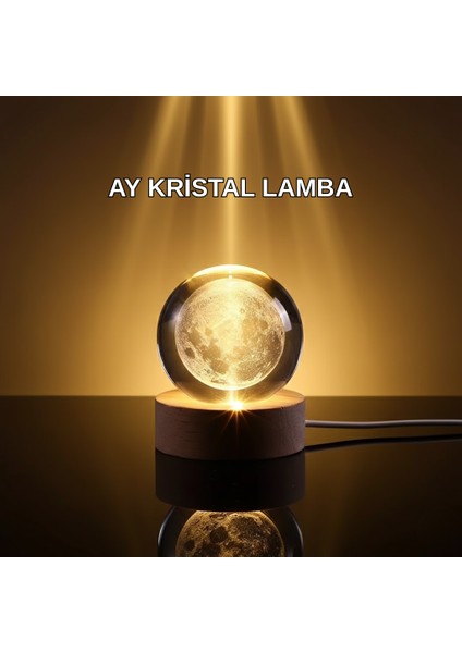 3D Lazer Işlemeli Ay Küresi Ahşap Standlı USB Bağlantılı Dekoratif Lamba