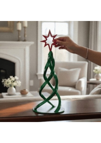 2'li Set: 3D Baskı Spiral Noel Ağacı Yılbaşı Dekorasyonu - Kırmızı Yıldızlı (26 cm Boy)