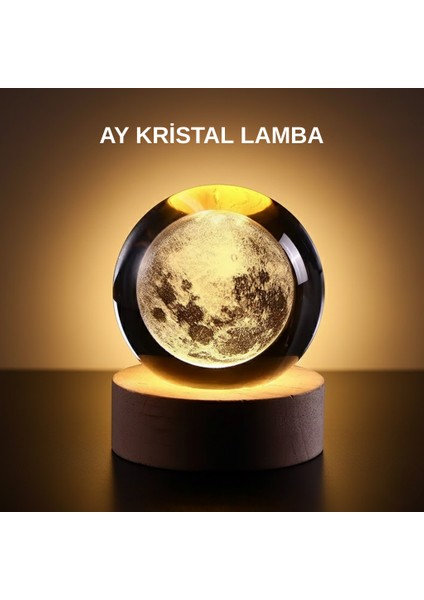 Ay Figürlü 3D Kristal Küre LED Gece Lambası Ahşap Standlı Dekoratif Lamba