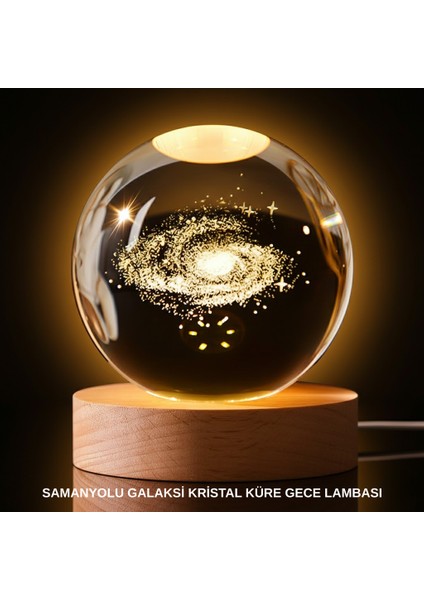 3D Samanyolu Galaksi Kristal Küre USB LED Işıklı Ahşap Standlı Gece Lambası