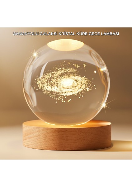 Gün Işığı Led’li 3D Kristal Galaksi Küre Ahşap Tabanlı Dekoratif Lamba