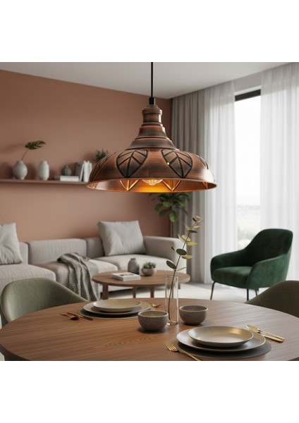 Vintage Yaprak Motifli Bakır Sarkıt Avize, Rustik Tavan Aydınlatması