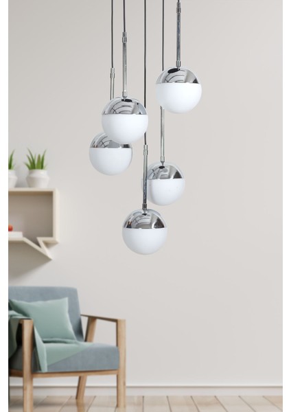 Şık Nova 5 Li Krom-Siyah Metal ve Beyaz Cam Sarkıt Avize