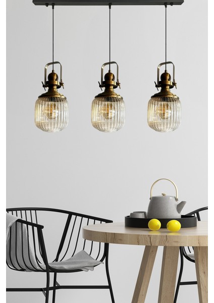 Şık Üçlü Cam Avize, Bal Rengi, Retro Sarkıt Lamba, Restoran ve Salon Aydınlatması