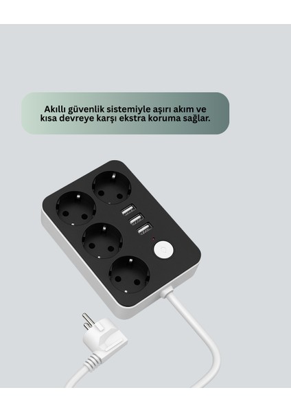 3 USB Çıkışlı 4’lü Akıllı Priz 2500W 2 Metre Kablo - TGR1693-5667 fırsatları