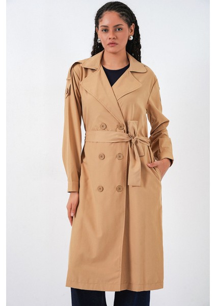 Kadın Bdart Uzun Kruvaze Yaka Trençkot Taba Doğal