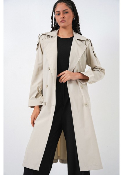 Kadın Bdart Uzun Kruvaze Yaka Trençkot Taş Doğal