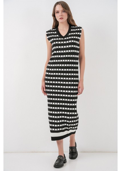 Kadın Bdart Desenli Triko Midi Elbise Siyah