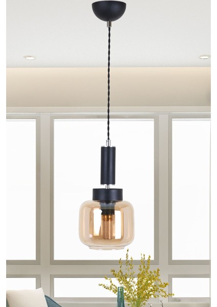 Şık Siyah Krom Bal Camlı Sarkıt Avize, Modern ve Zarif Tasarım