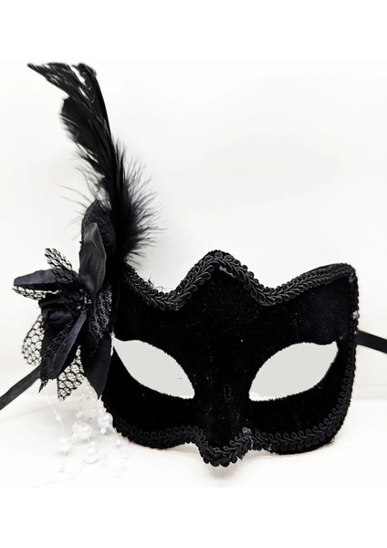 Siyah Süet Yandan Tüylü Incili Parti Maskesi