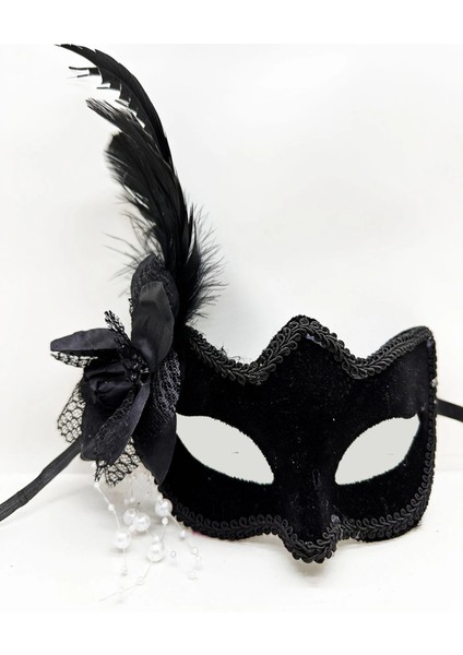 Siyah Süet Yandan Tüylü Incili Parti Maskesi fiyatları