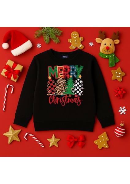 Merry Christmas Baskılı Yılbaşı Yeni Yıl Konsept 3 Iplik Bisiklet Yaka Unisex Sweatshirt (4-13 Yaş)
